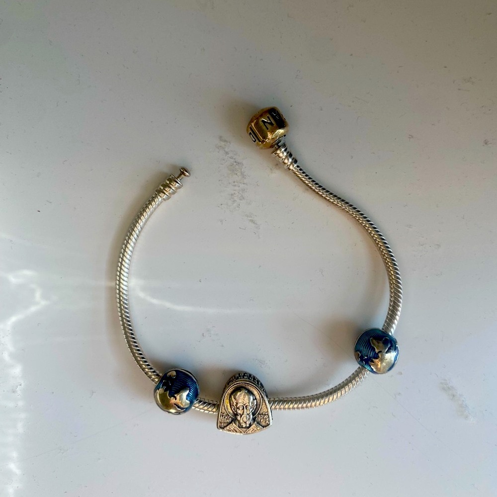 Pandora Snake Sterling Silver Bracelet with 3 Charms
